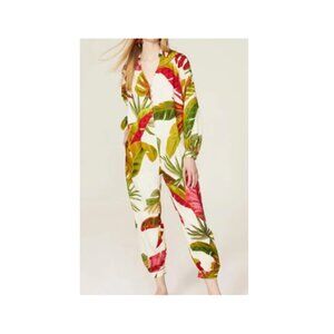 Farm Rio Maxi Jumpsuit Size M Tropical Leaf Print Button Front Boho Resort $225